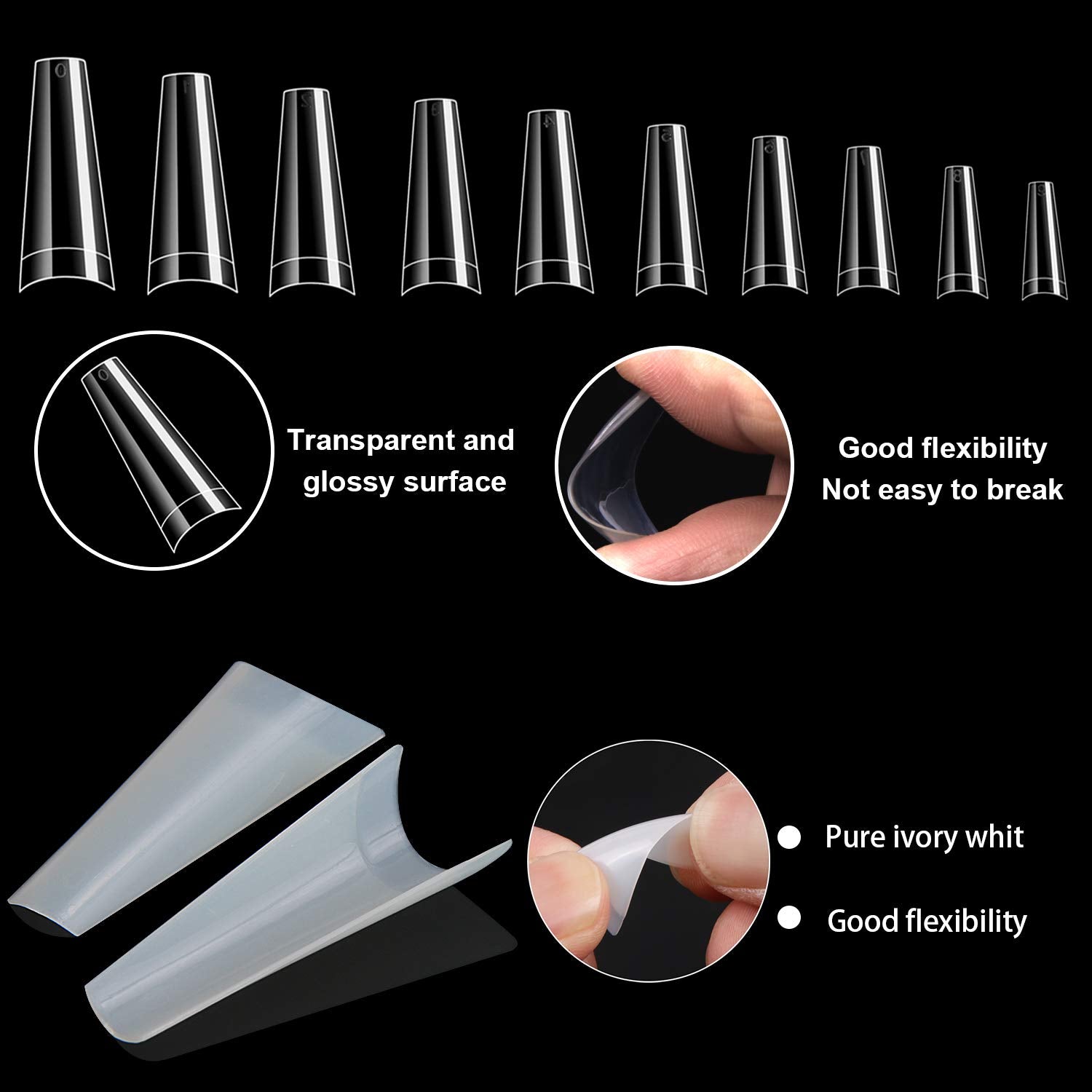 FEBSNOW transparent natural acrylic nail tips with smooth surface and durability.