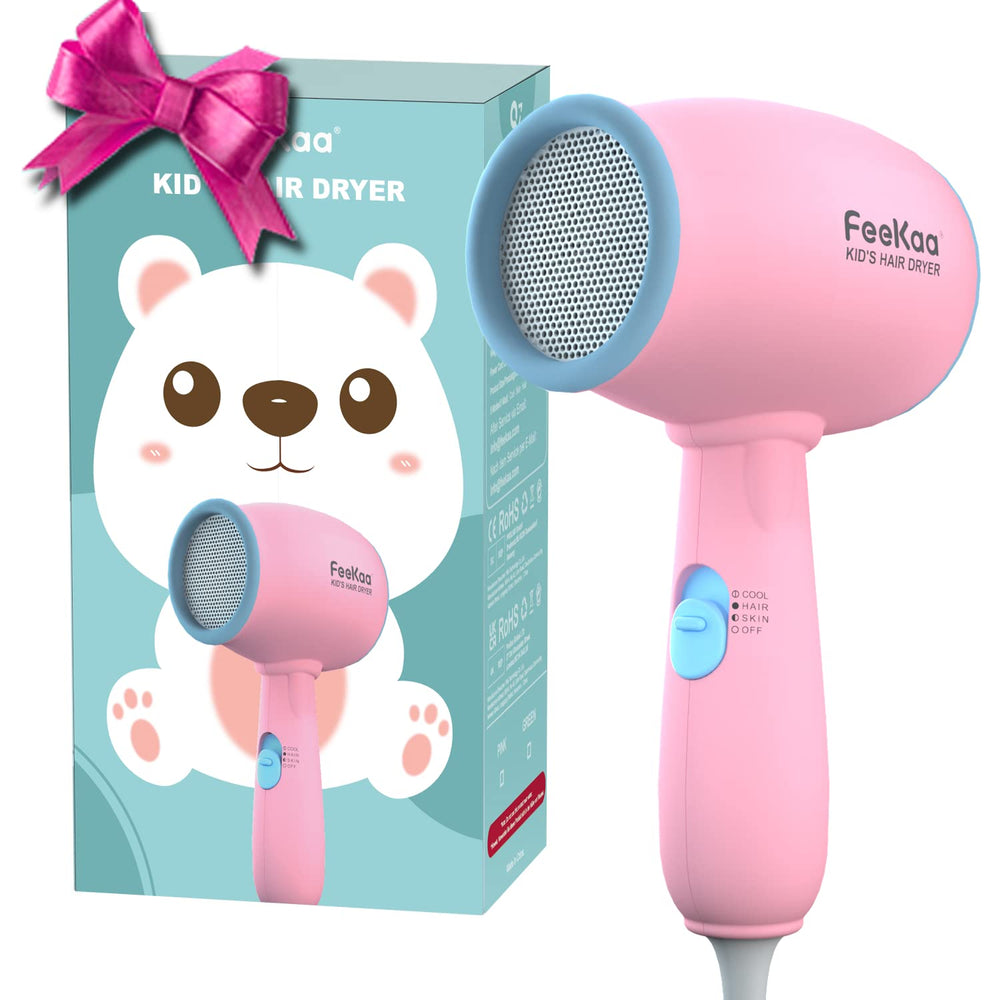 FeeKaa Kids Hair Dryer pink front view, compact and lightweight for kids
