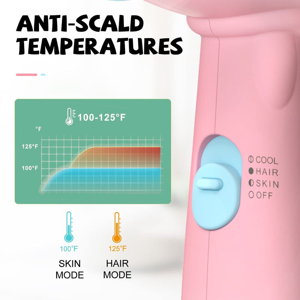 FeeKaa Kids Hair Dryer pink safety design with anti-scald features
