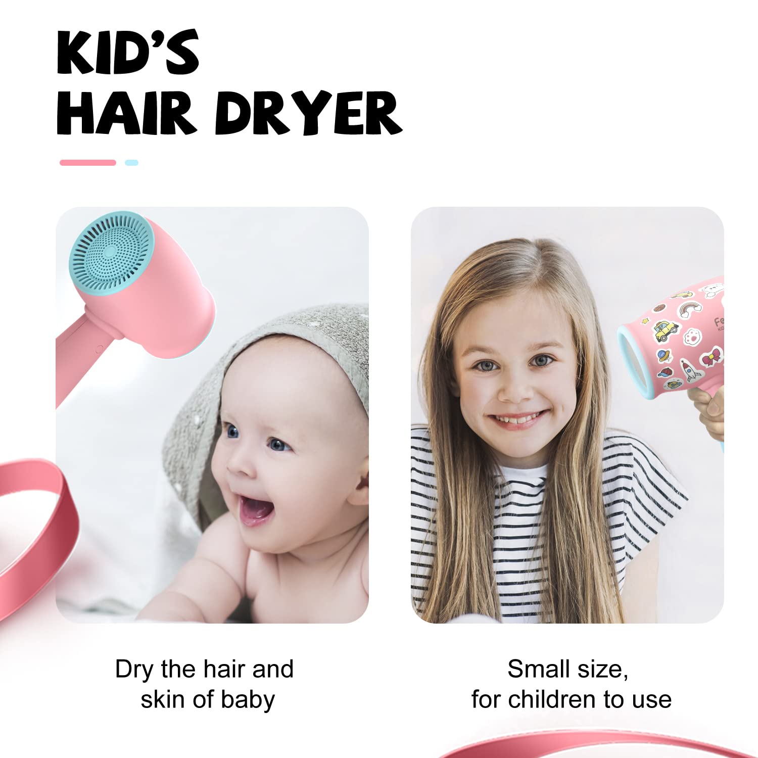 FeeKaa Kids Hair Dryer pink side view highlights easy grip for children