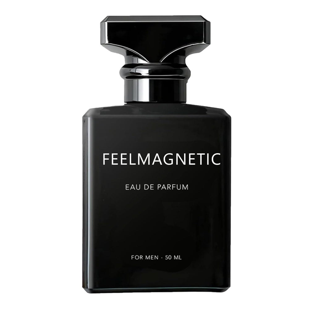 FeelMagnetic perfume bottle close-up, promising long-lasting scent and confidence.