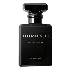 FeelMagnetic perfume bottle close-up, promising long-lasting scent and confidence.