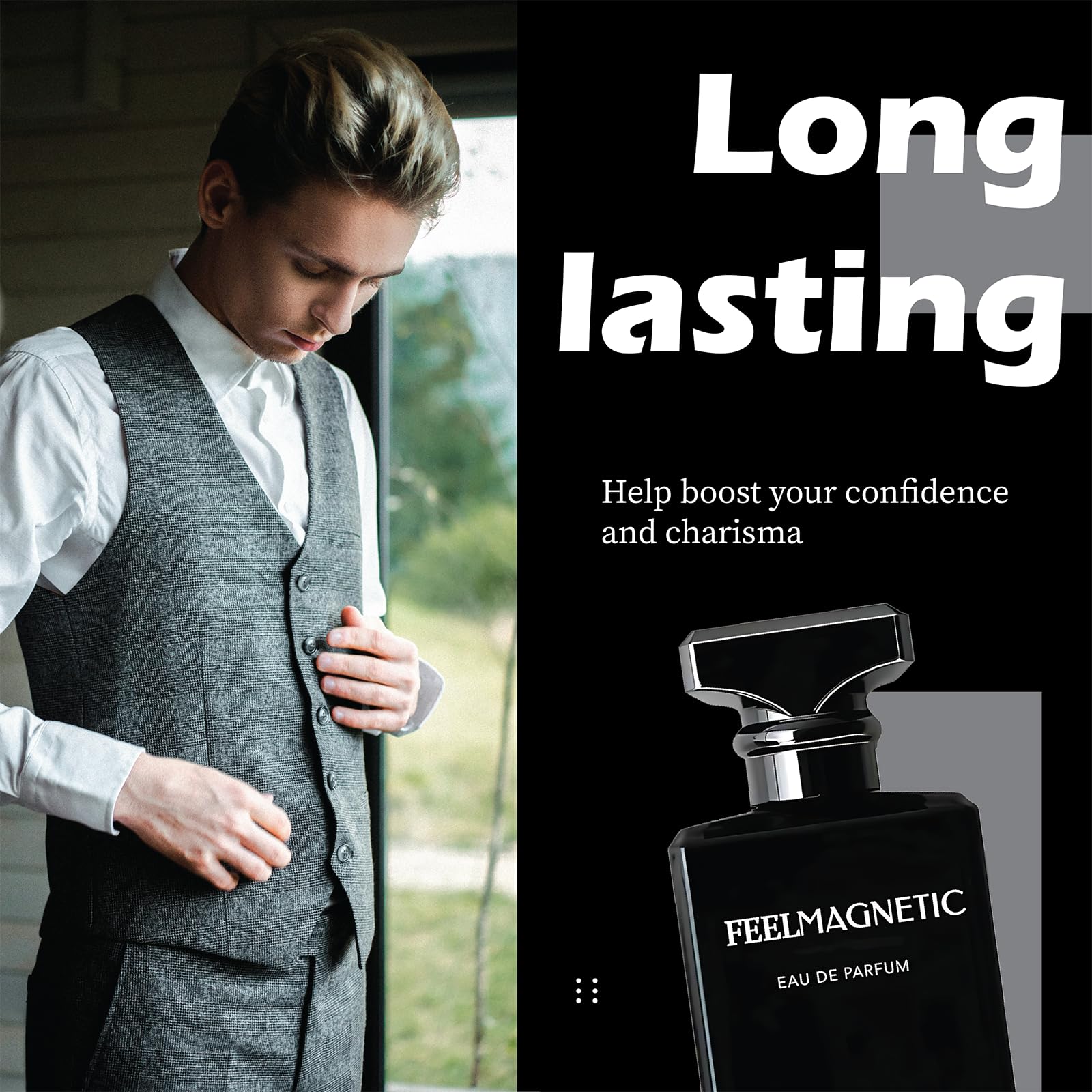 FeelMagnetic perfume worn with ensemble for social occasions.