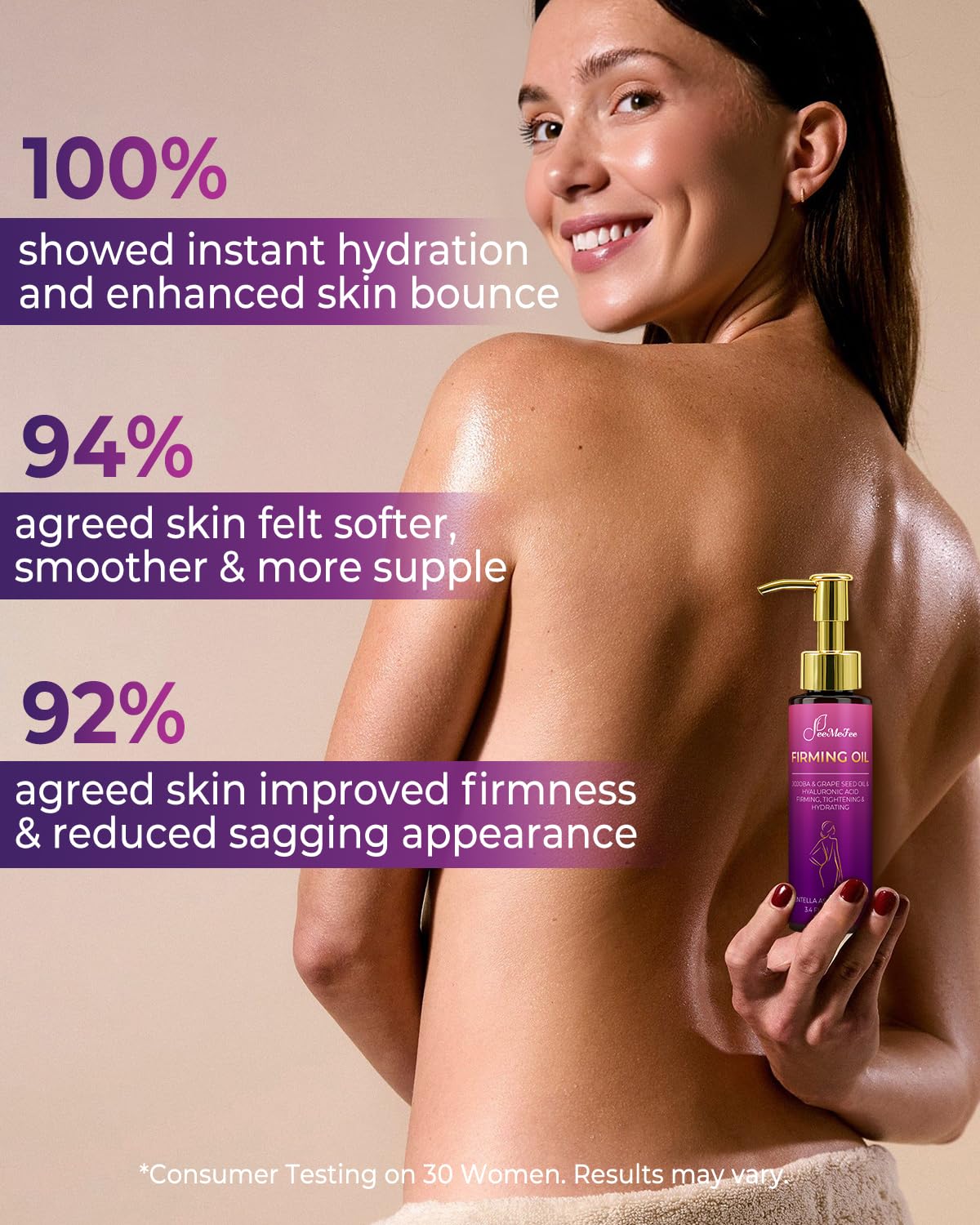 FeeMeFee Body Firming Oil on arm demonstrates targeted application.
