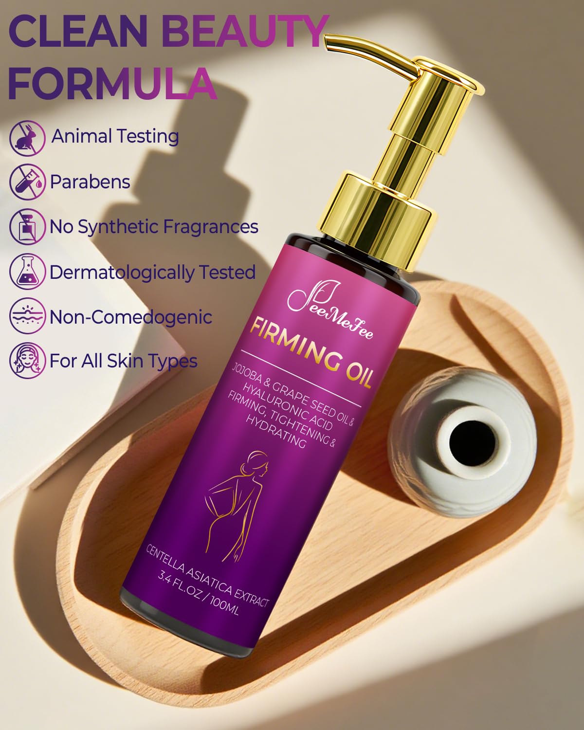 FeeMeFee Body Firming Oil hyaluronic acid detail for moisture.