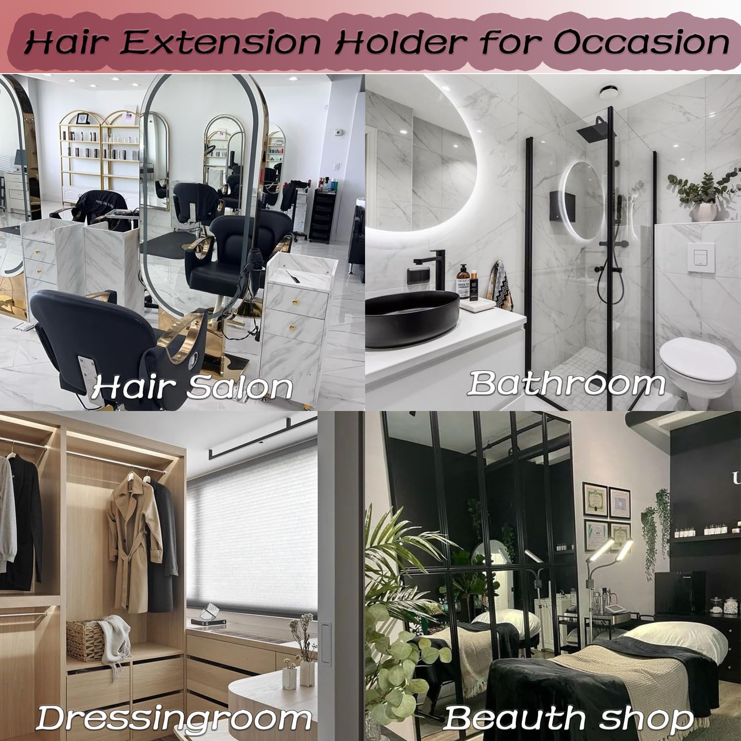 FEHOKA Hair Extension Holder installation modes demonstrate hook, suction, sticker, fixed options