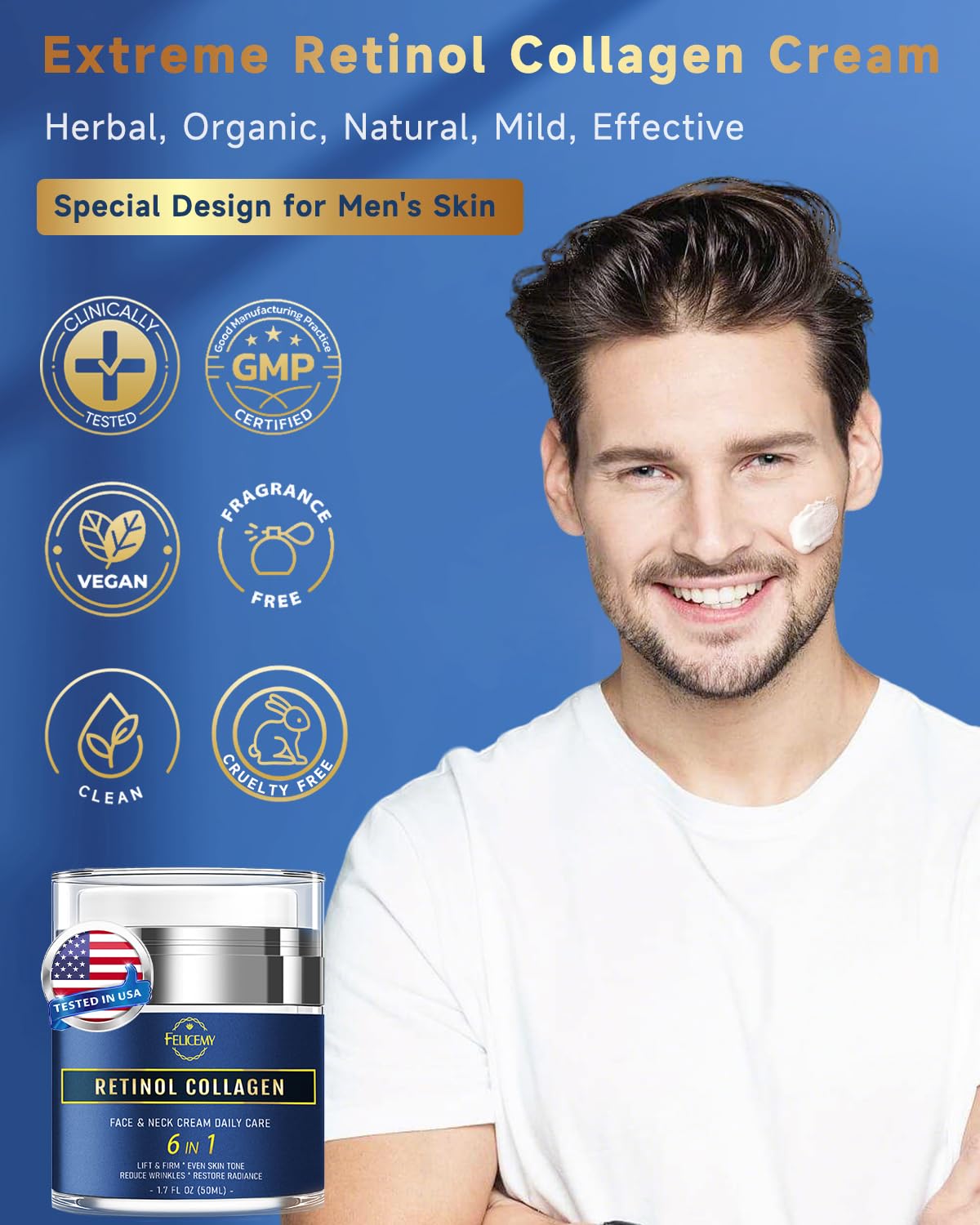 Felicemy etiqueta revela retinol y ácido hialurónico para nutrición diaria de la piel.