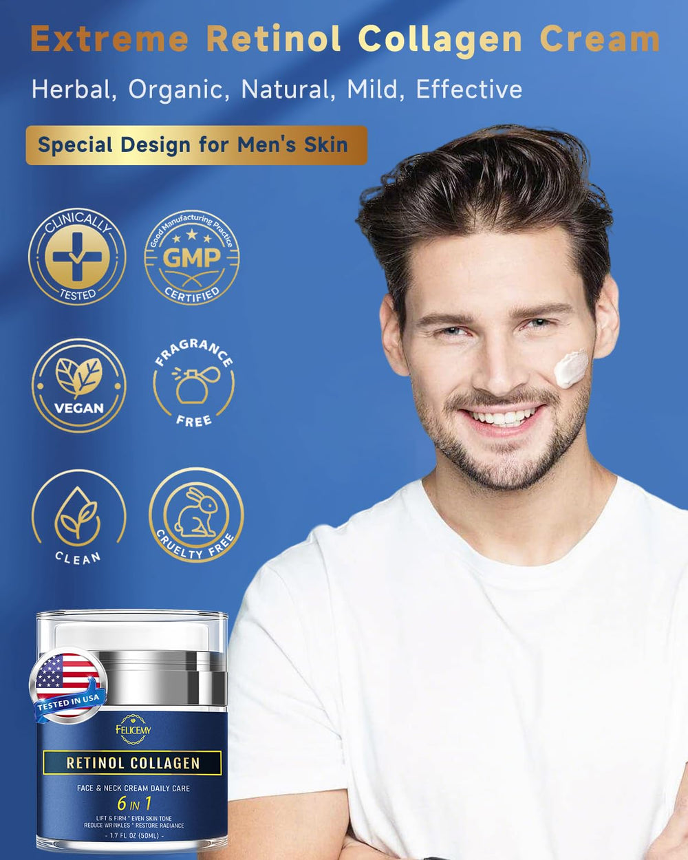 Felicemy etiqueta revela retinol y ácido hialurónico para nutrición diaria de la piel.