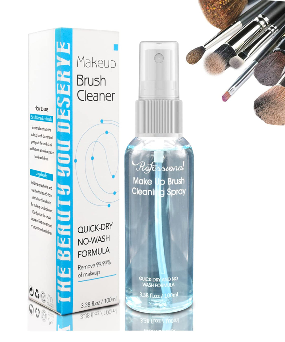 Felico makeup brush cleaner bottle showing quick-dry action for fast brush refresh.