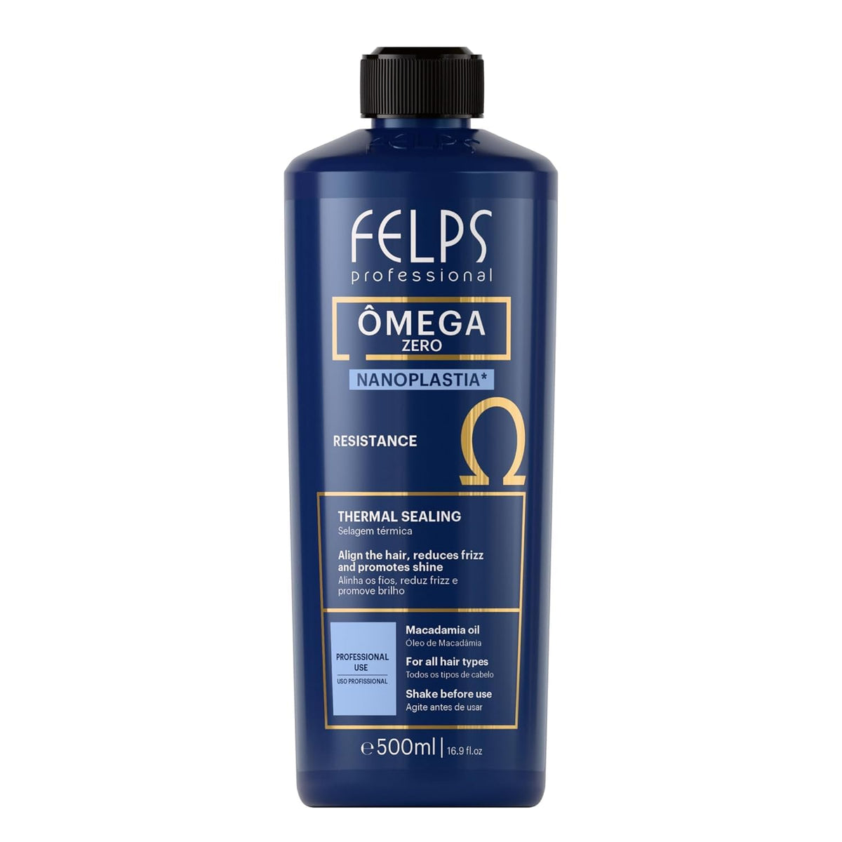 Felps Omega Zero Nanoplastia bottle shown for premium hair treatment and shine