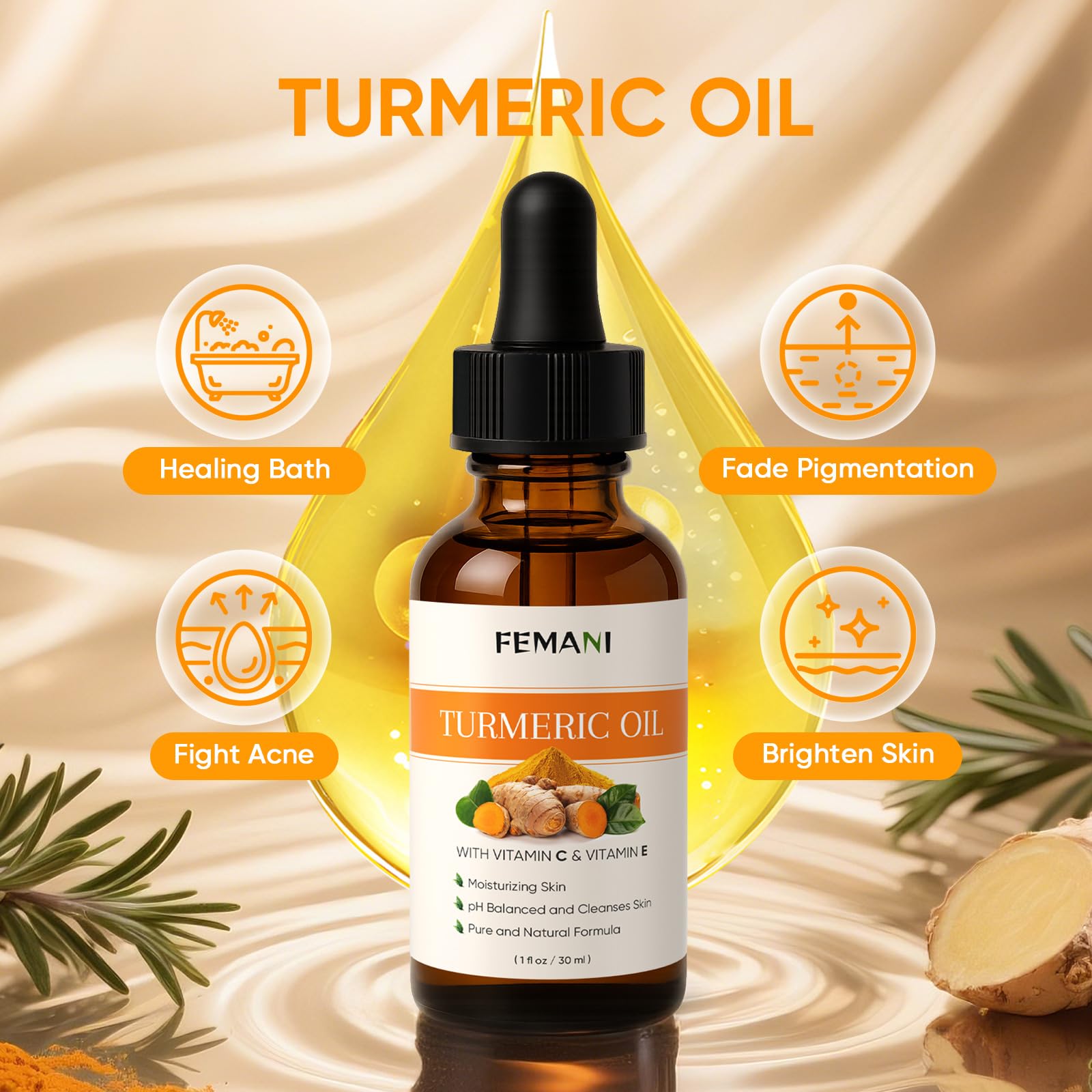 Femani aplicación aceite turmerico para masaje facial relajante