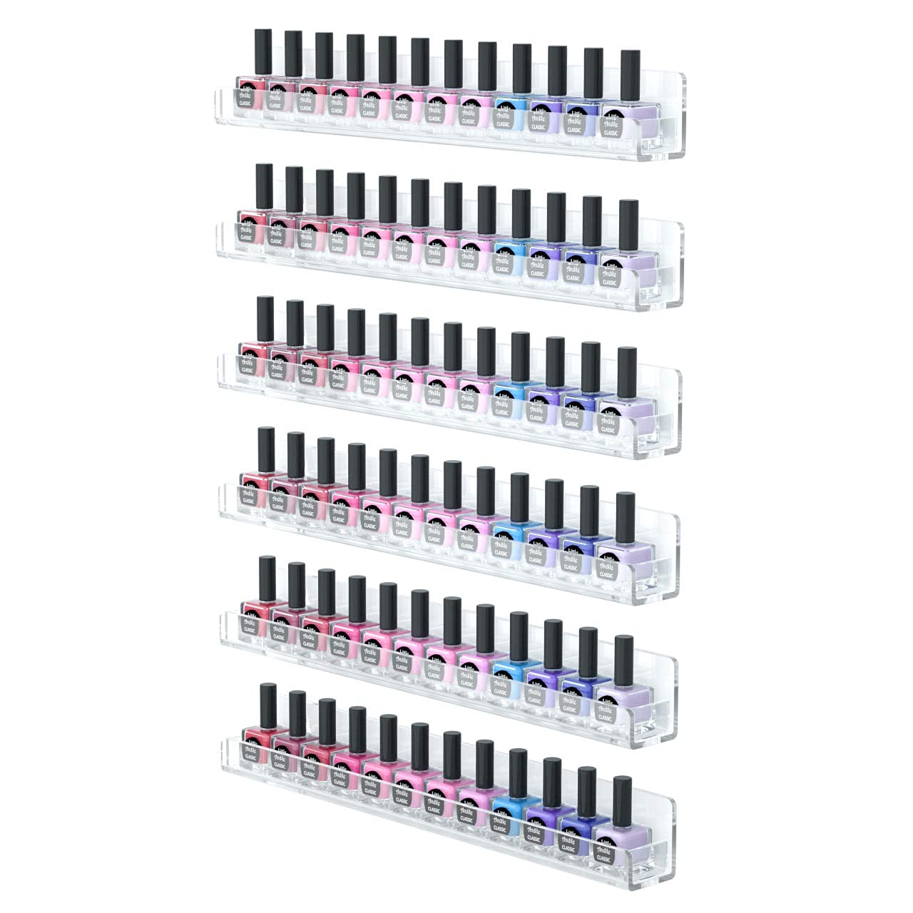 FEMELI nail polish wall rack side view with six shelves for organized bottles