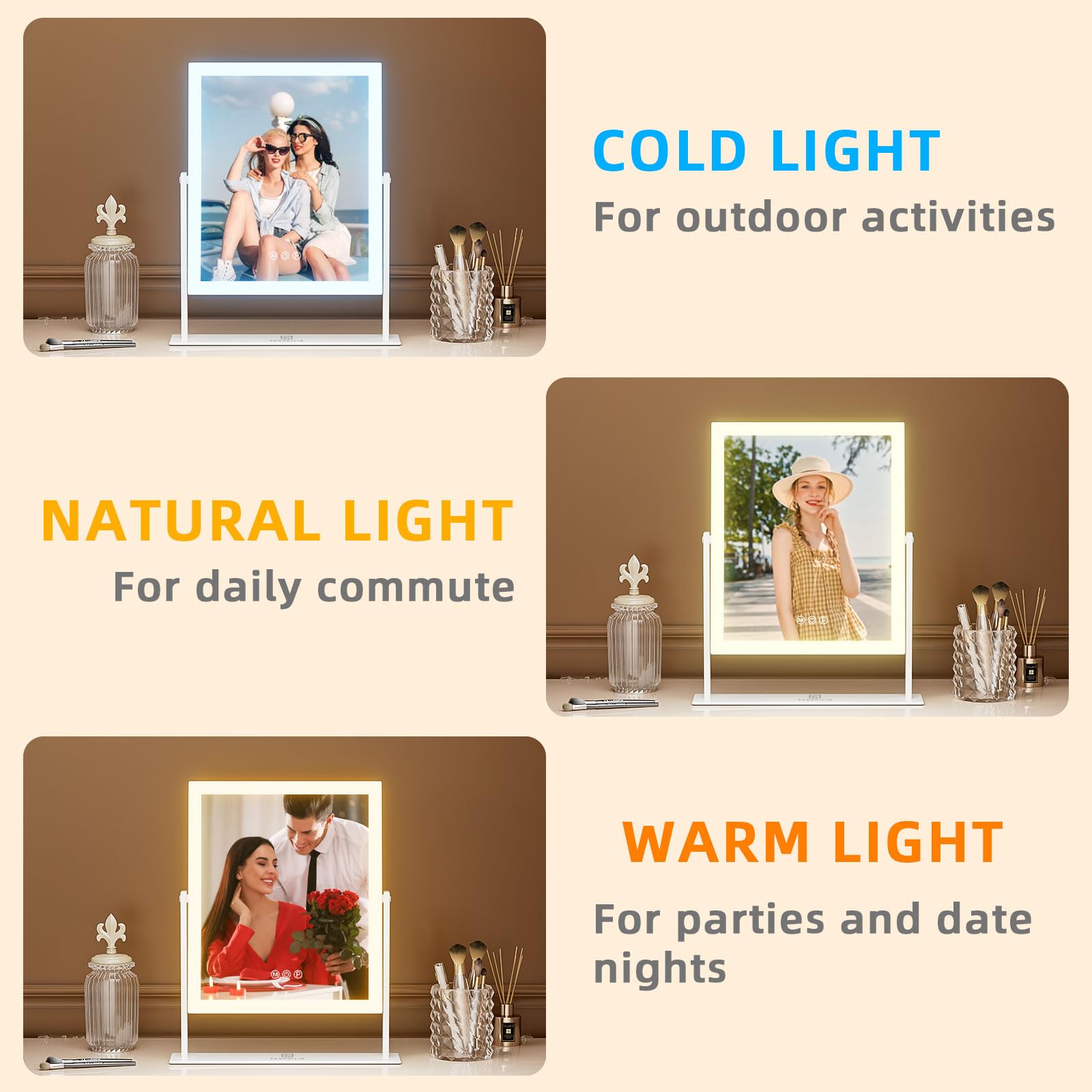 FENCHILIN lighted makeup mirror with 144 LEDs for balanced brightness.