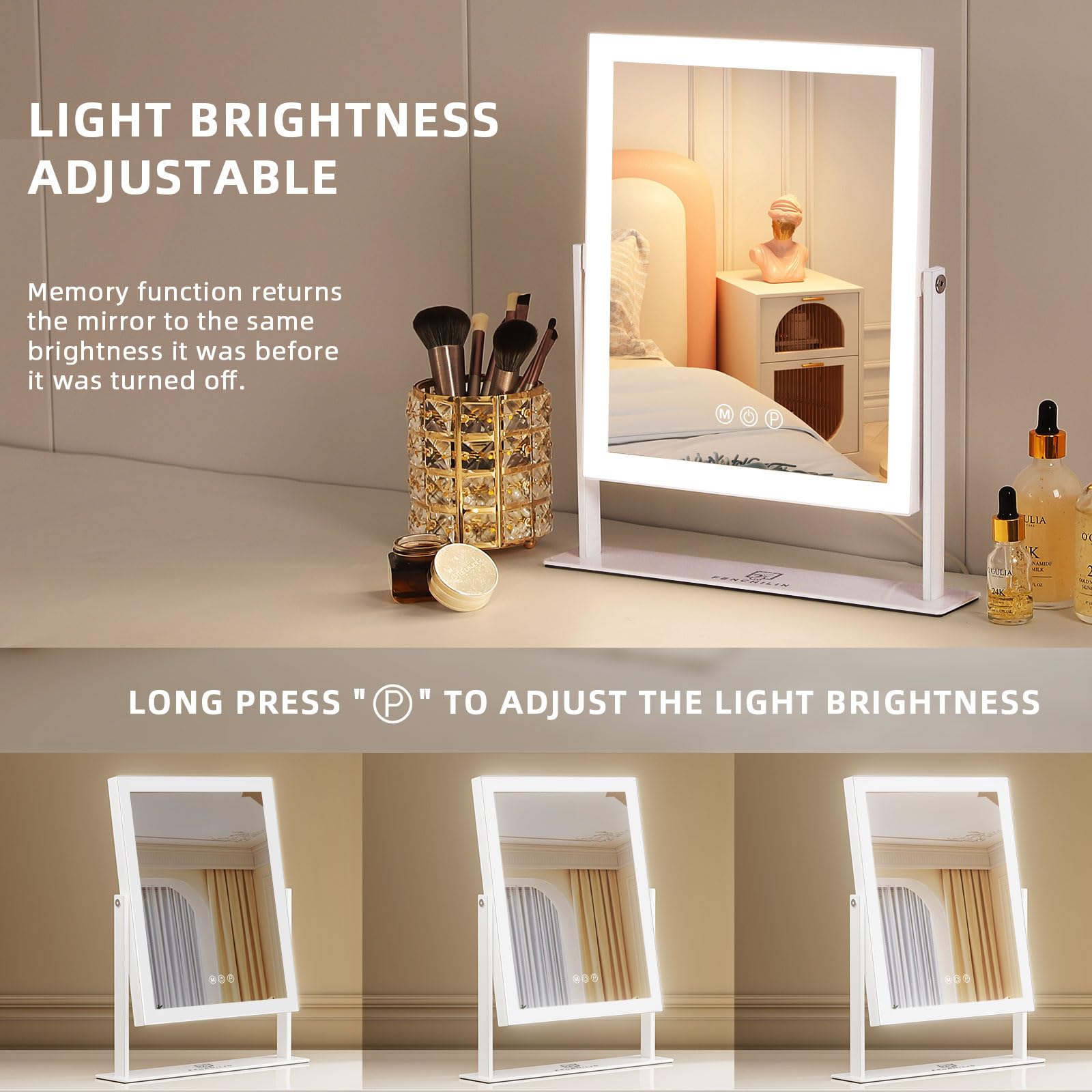 FENCHILIN vanity mirror with 360-degree rotation for flexible viewing angles.