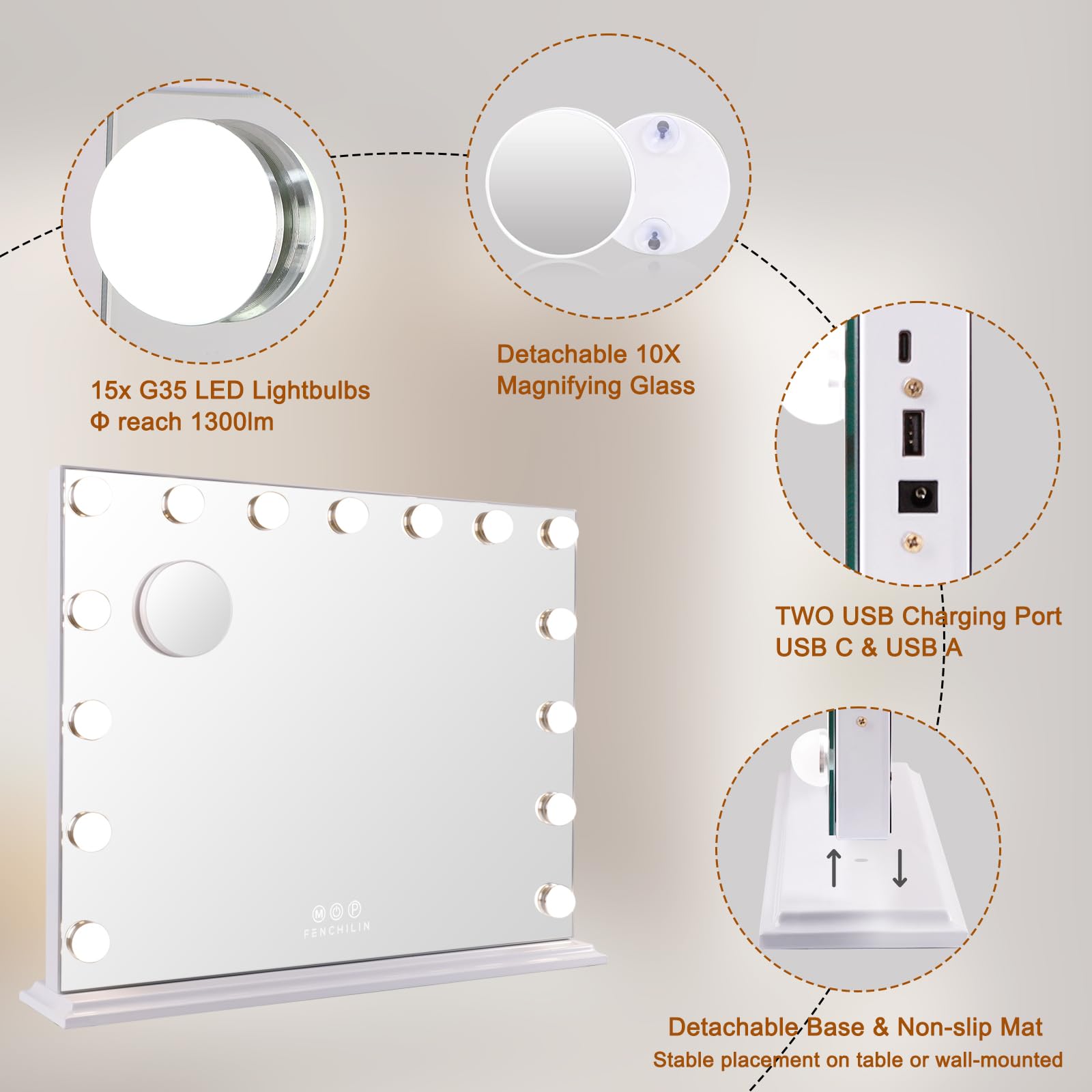 FENCHILIN vanity mirror base detachable for freestanding or wall mounting