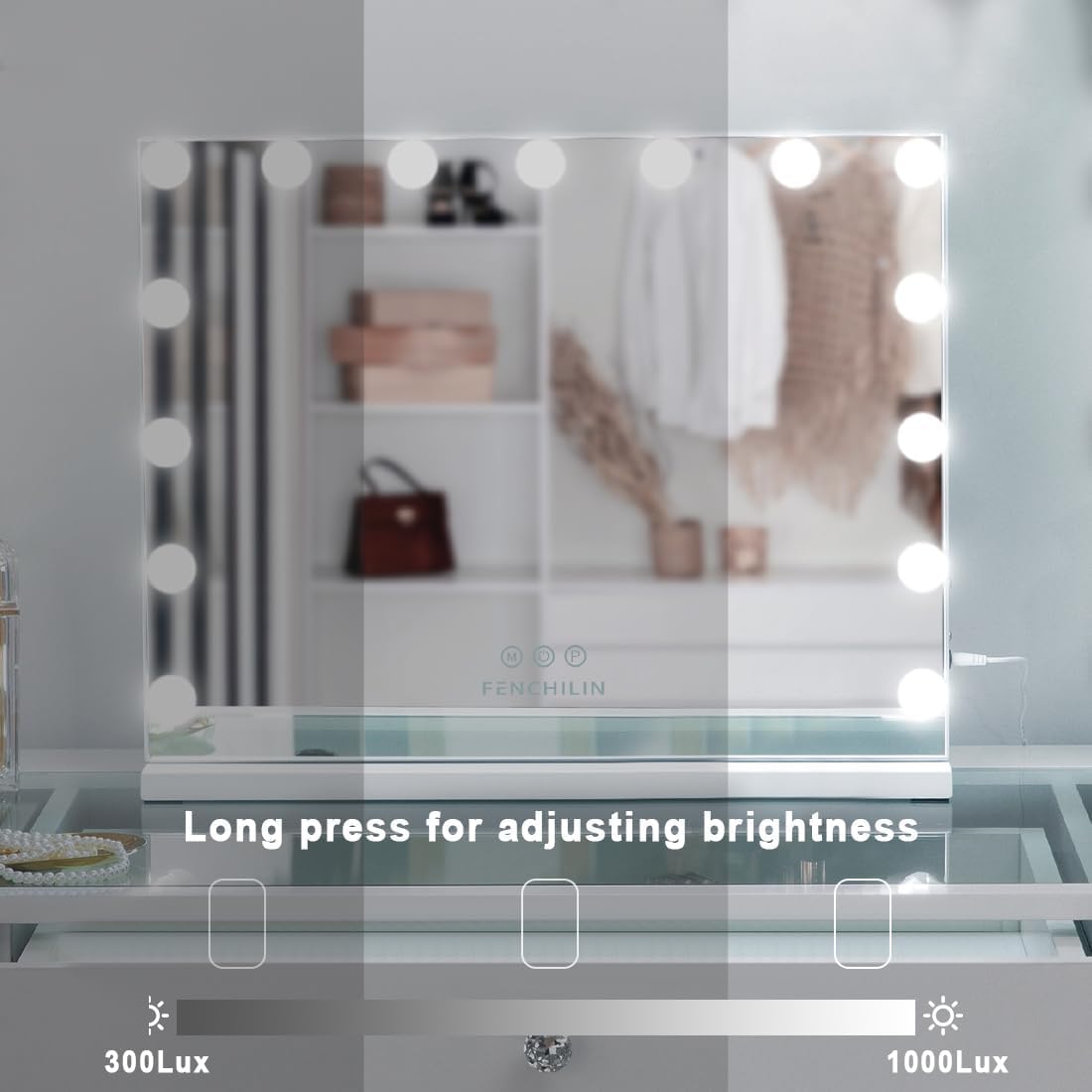 FENCHILIN vanity mirror brightness controls and color options for any look