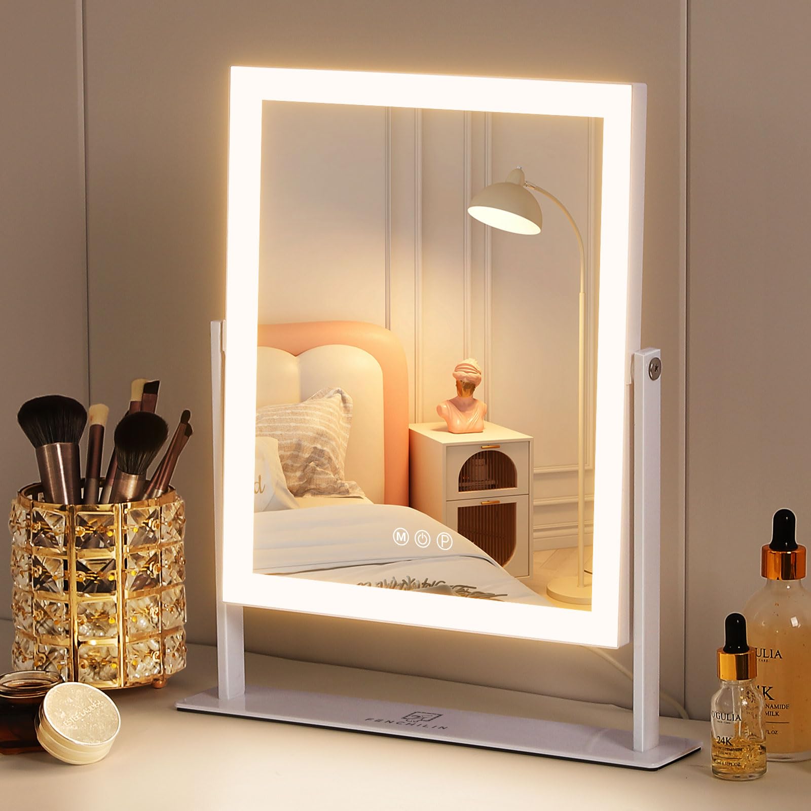 FENCHILIN vanity mirror with lights shows wide panel for even makeup lighting.
