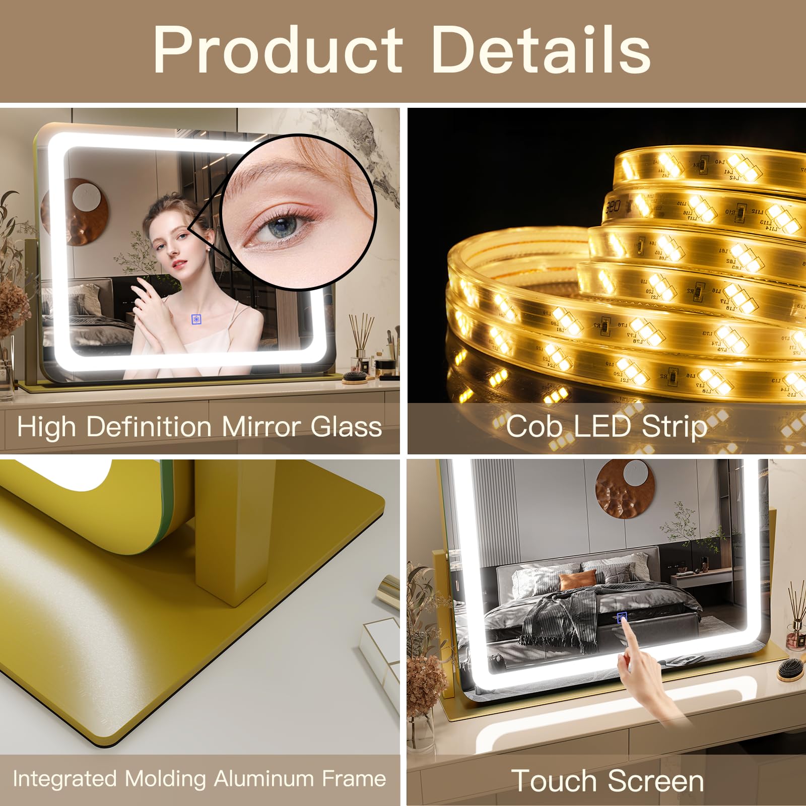 FENNIO Gold Vanity Mirror offers three color modes for varied lighting tasks