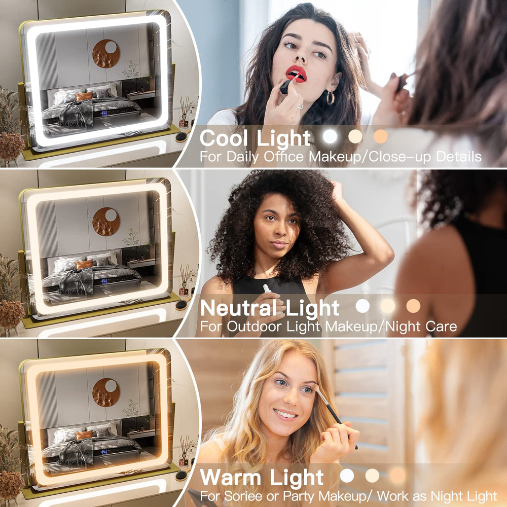 FENNIO gold LED makeup mirror with a large 22x19 inch surface for full view