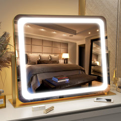 FENNIO Gold Vanity Mirror with Lights shown bright for precise makeup application