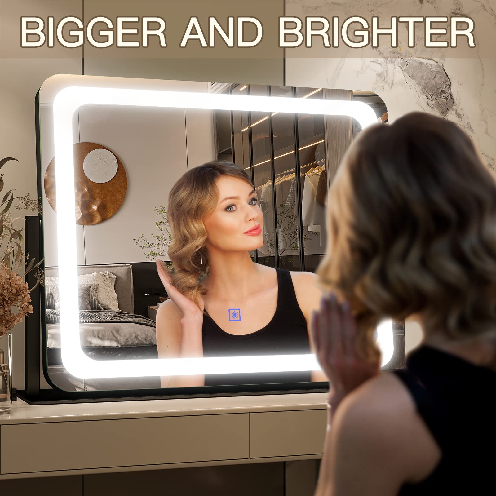 FENNIO vanity mirror illuminated with 3-color lighting modes for ambiance.