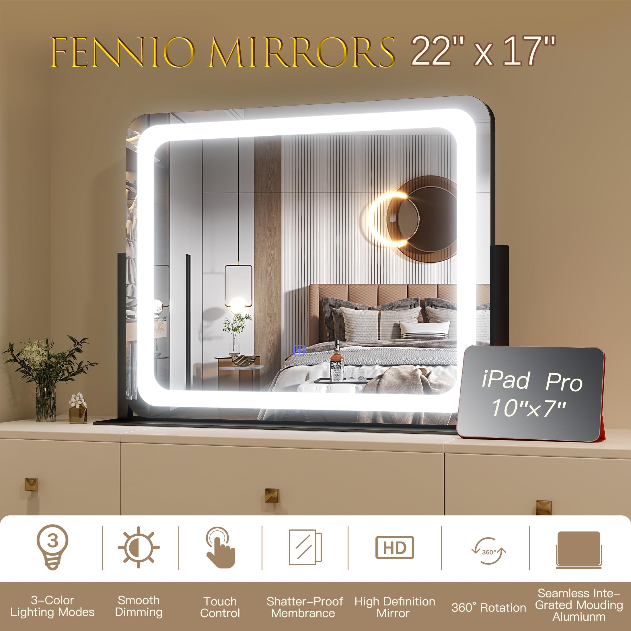 FENNIO vanity mirror brightness dial showing dimmable control for tasks.