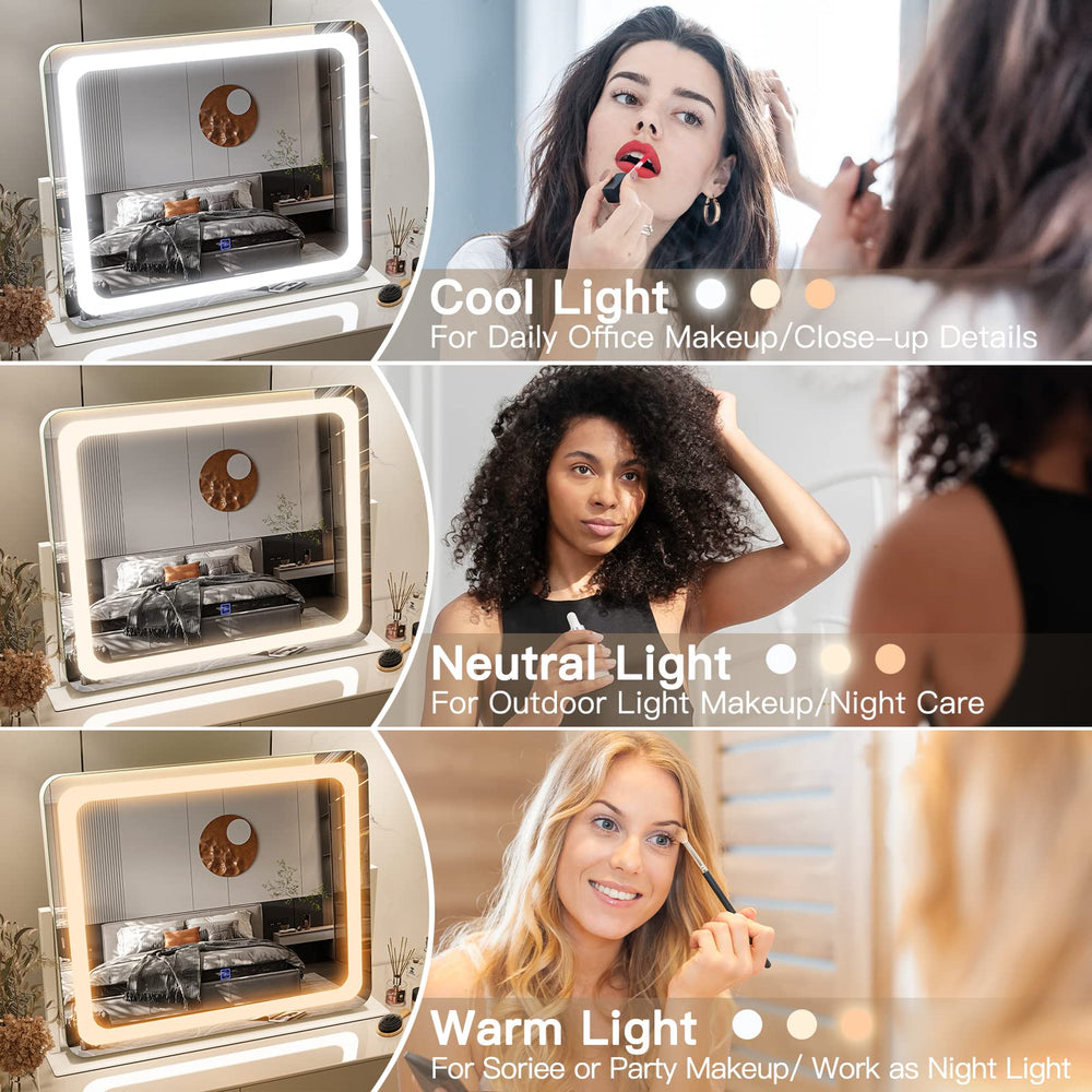FENNIO vanity mirror with lights demonstrates three color modes and brightness adjustment.