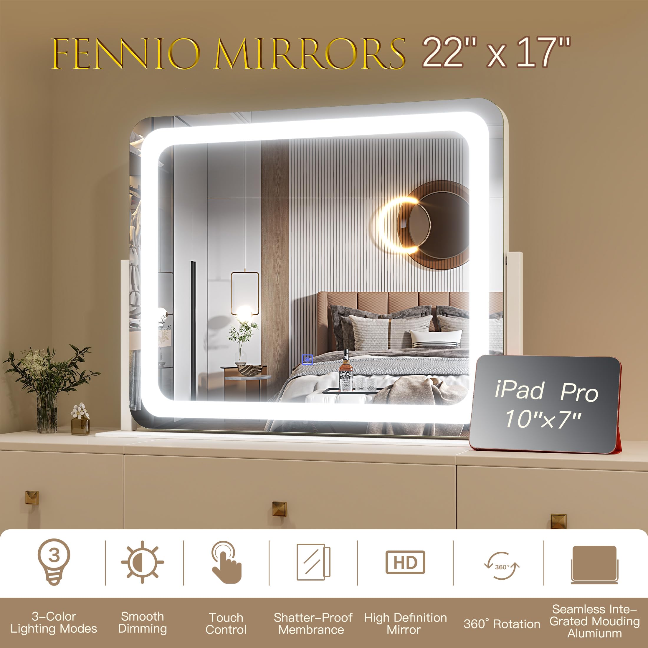 FENNIO vanity mirror with lights on a desk setup for easy vanity use.
