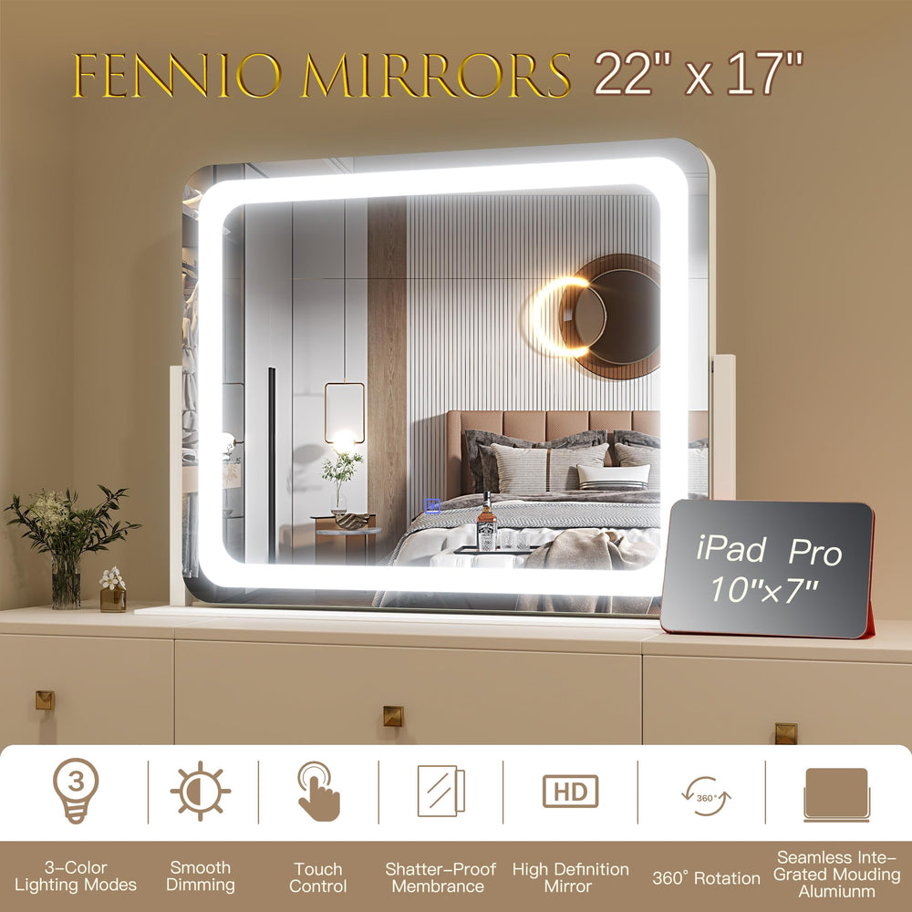 FENNIO vanity mirror with lights on a desk setup for easy vanity use.