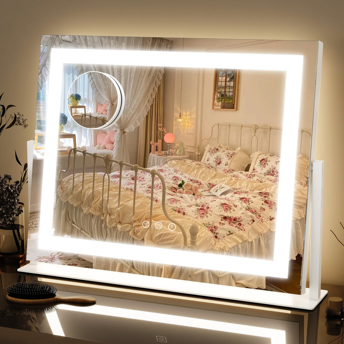 FENNIO vanity mirror with lights, front view, even makeup lighting on square white frame.