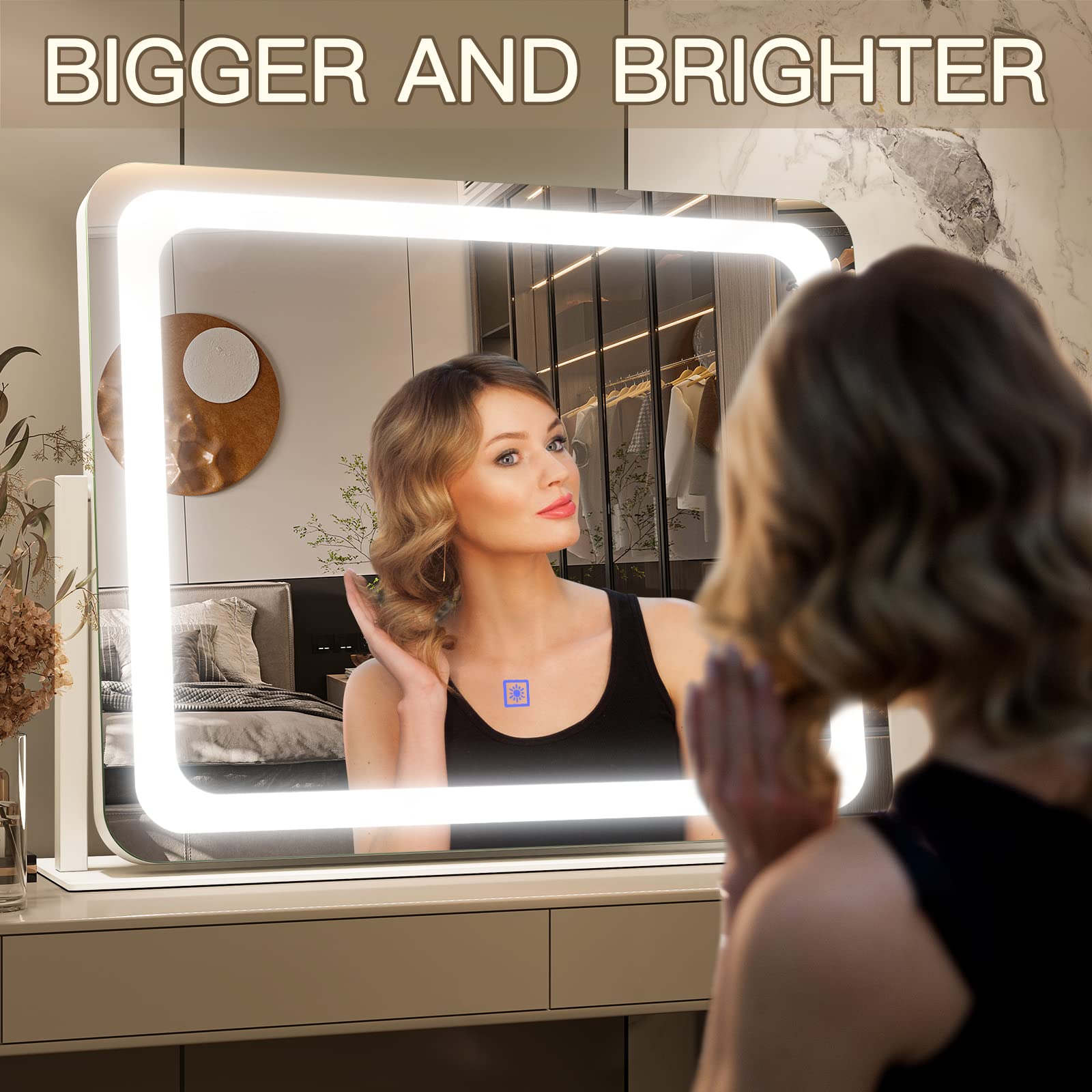 FENNIO vanity mirror touch control close-up highlighting easy power and color selection.