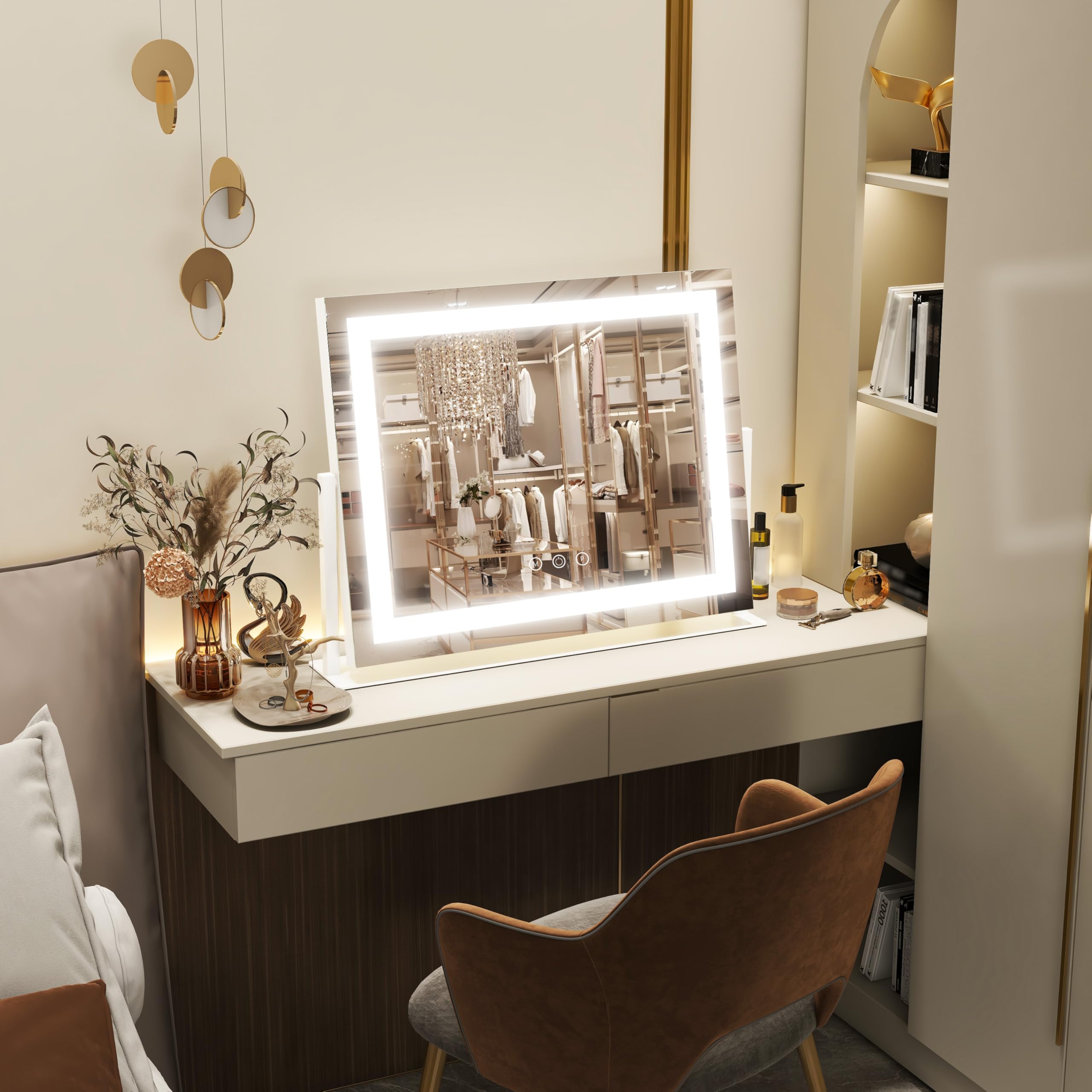 FENNIO vanity mirror with USB power and smart touch, convenient grooming controls.