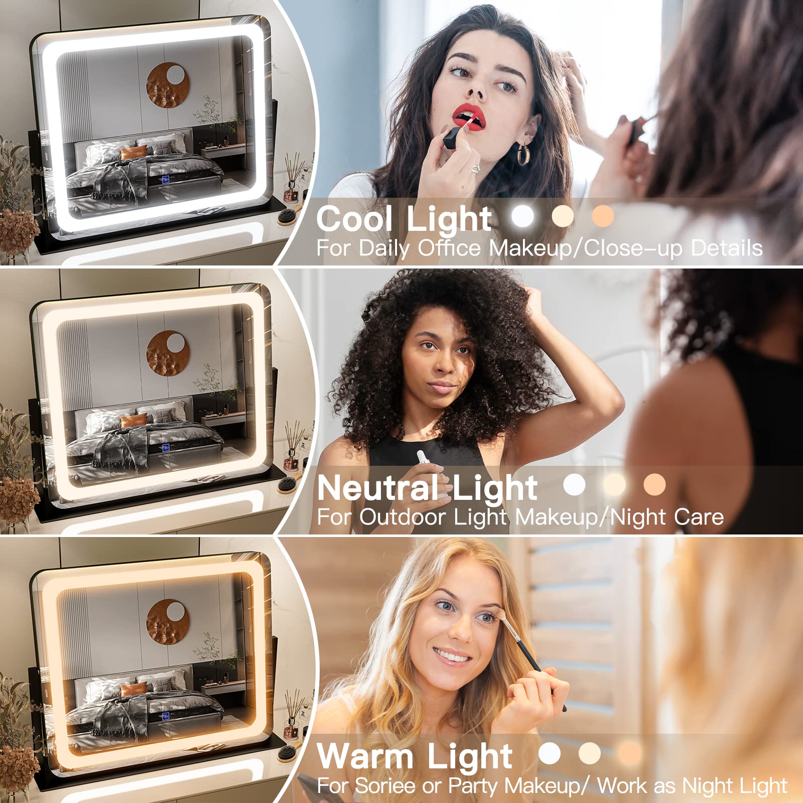FENNIO vanity mirror tilted angle showing adjustable viewing position.