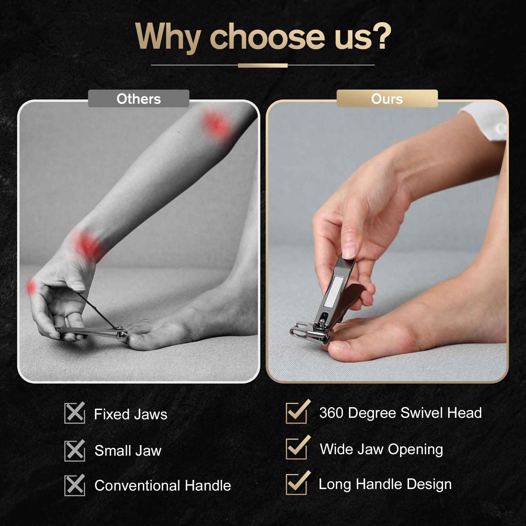 FERYES ergonomic design reduces wrist strain during nail clipping