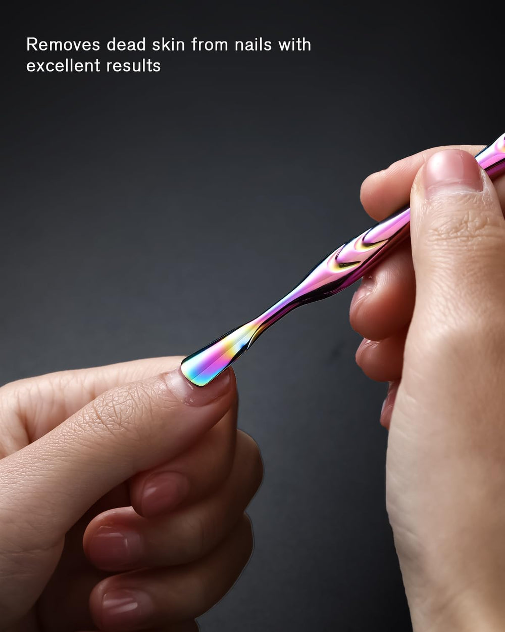 FERYES nail care tool in rainbow finish fits in a purse for on-the-go grooming.