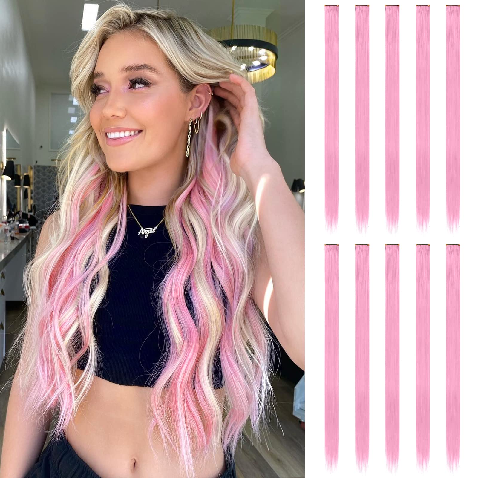 FESHFEN pink-highlighted clip-in extensions for everyday wear