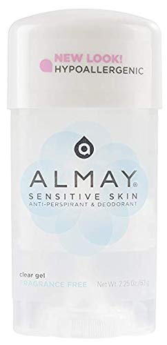 Envase de paquete de 6 desodorantes Almay en gel claro sin fragancia.