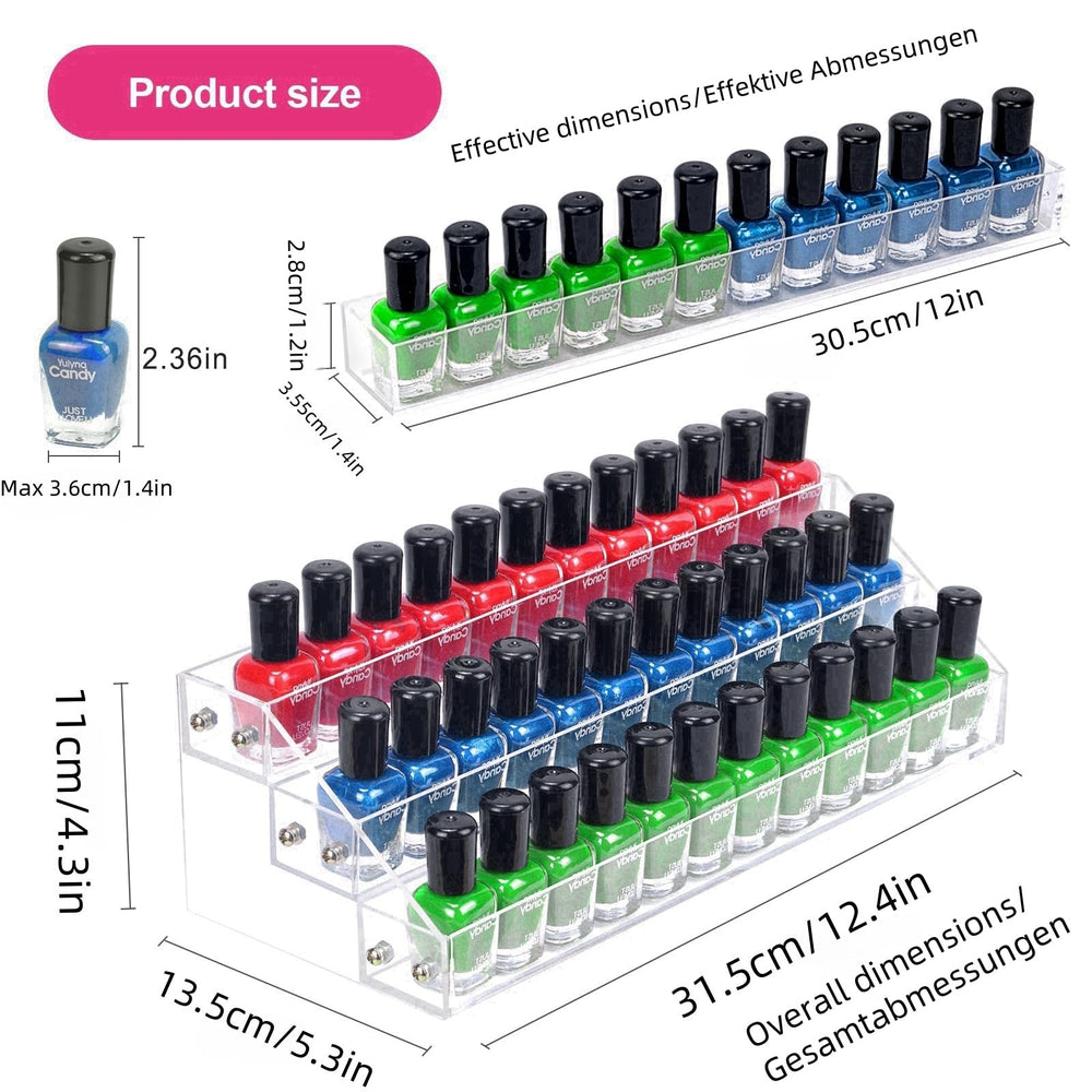 FFowcye clear acrylic rack side view emphasizes durable, dust-free storage.