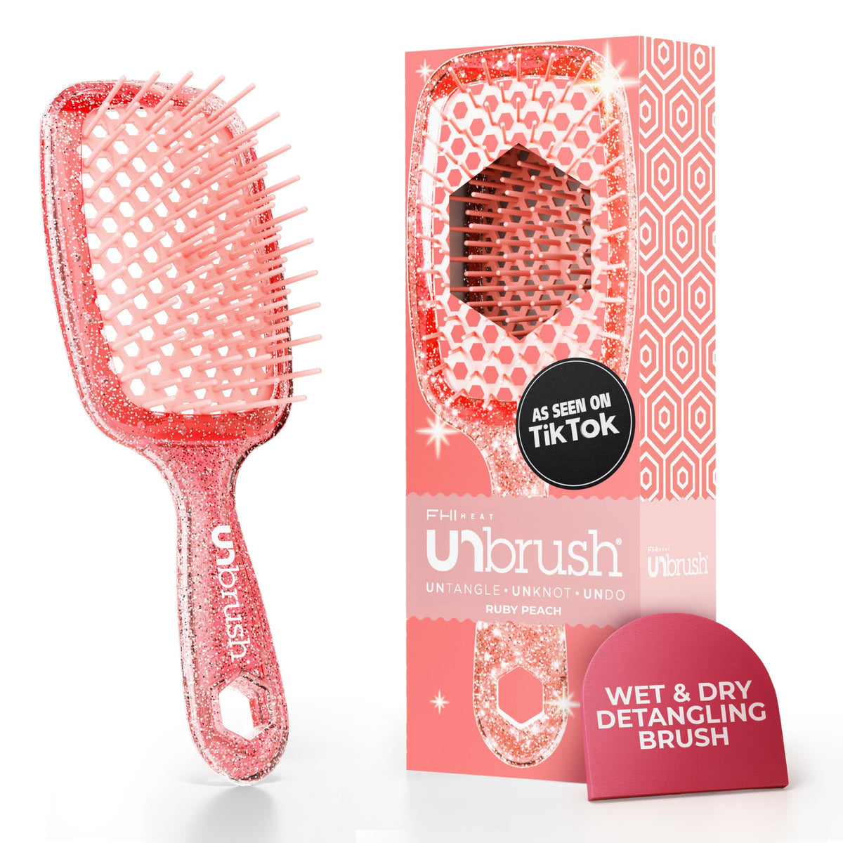 FHI Heat UNbrush Ruby Peach front view with dual-flex bristles for gentle detangling.