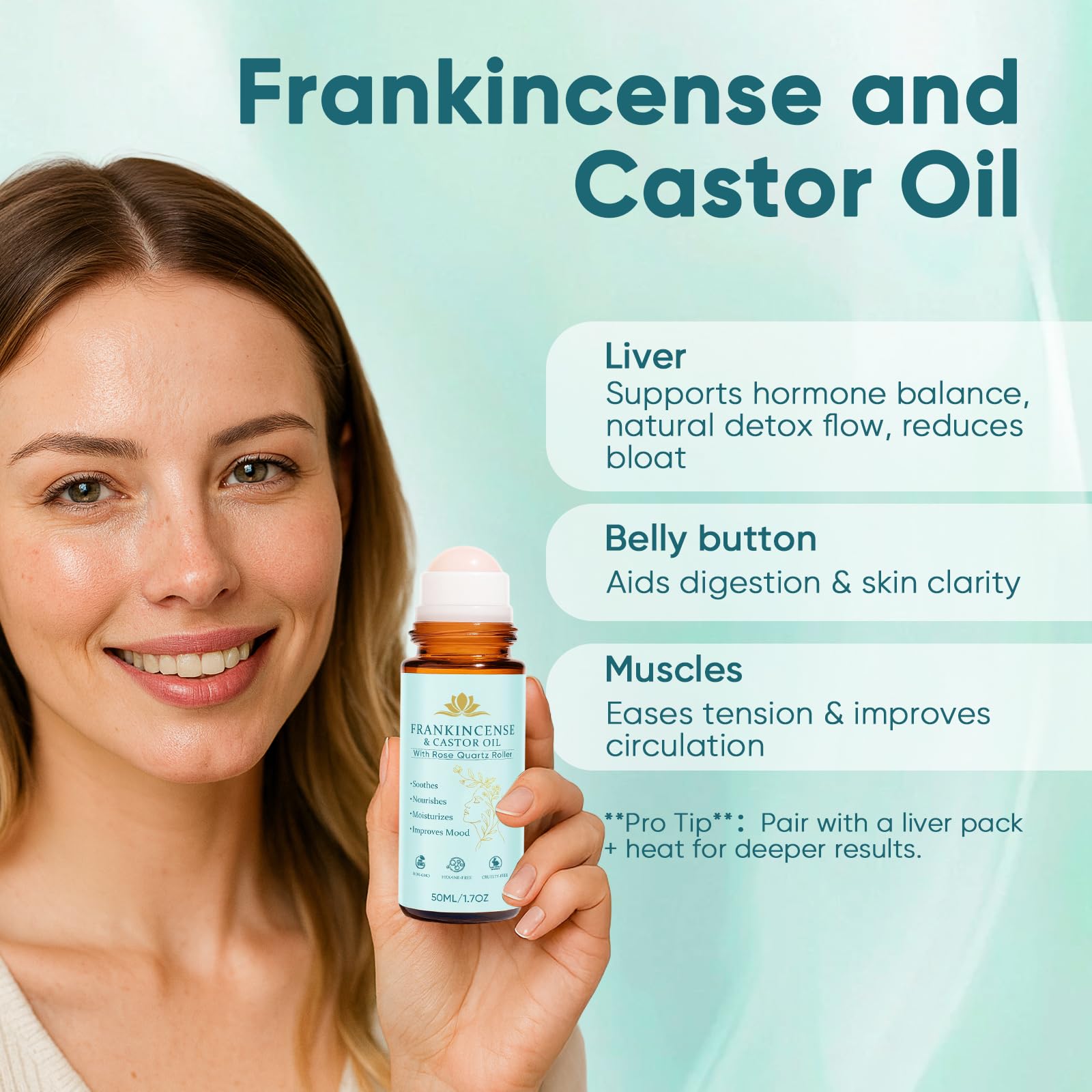 Fibosara roll-on applied to face and neck for gentle firming