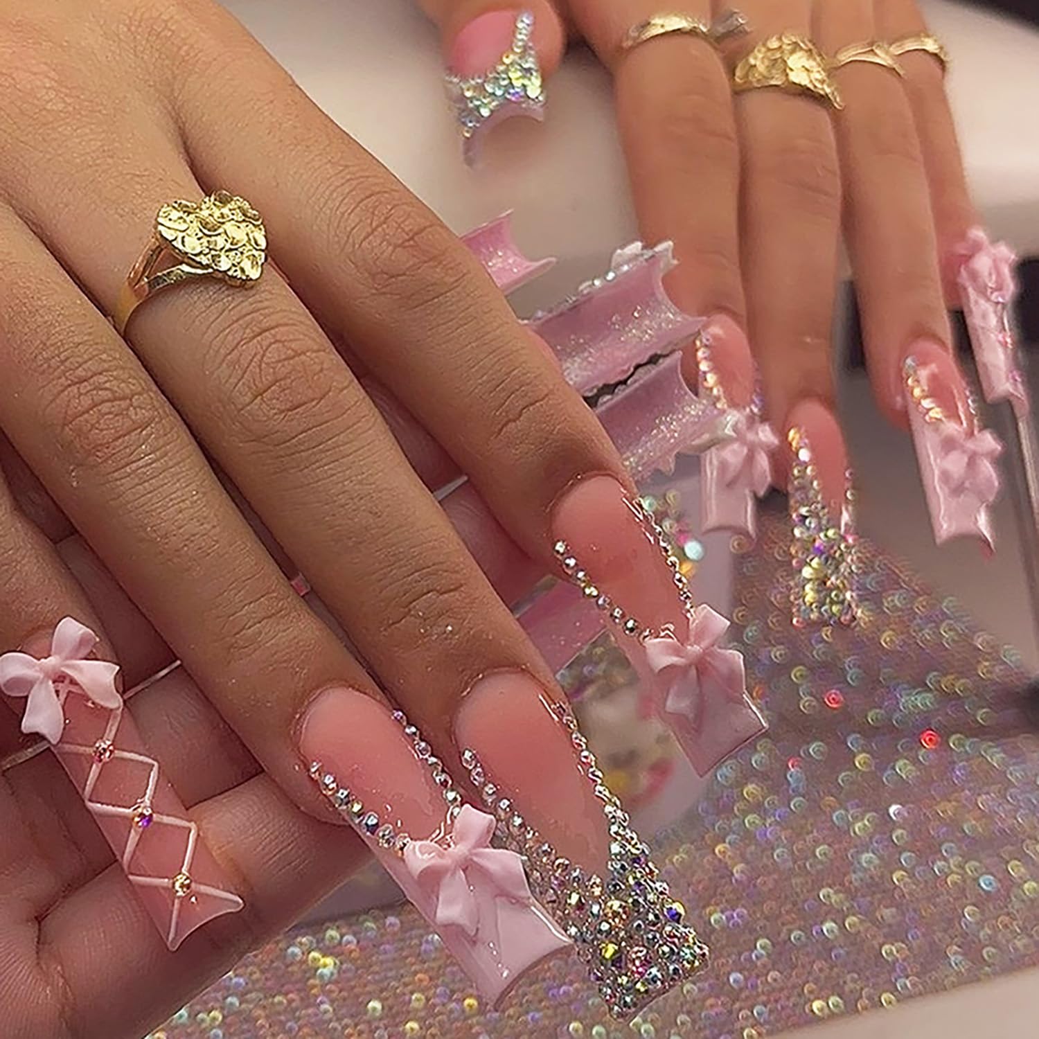 FIEONCIY press-on nails in long coffin shape with a glossy finish for quick at home manicures.