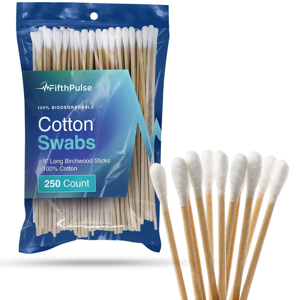 FifthPulse birchwood swabs with cotton tips for gentle, lint-free cleaning.