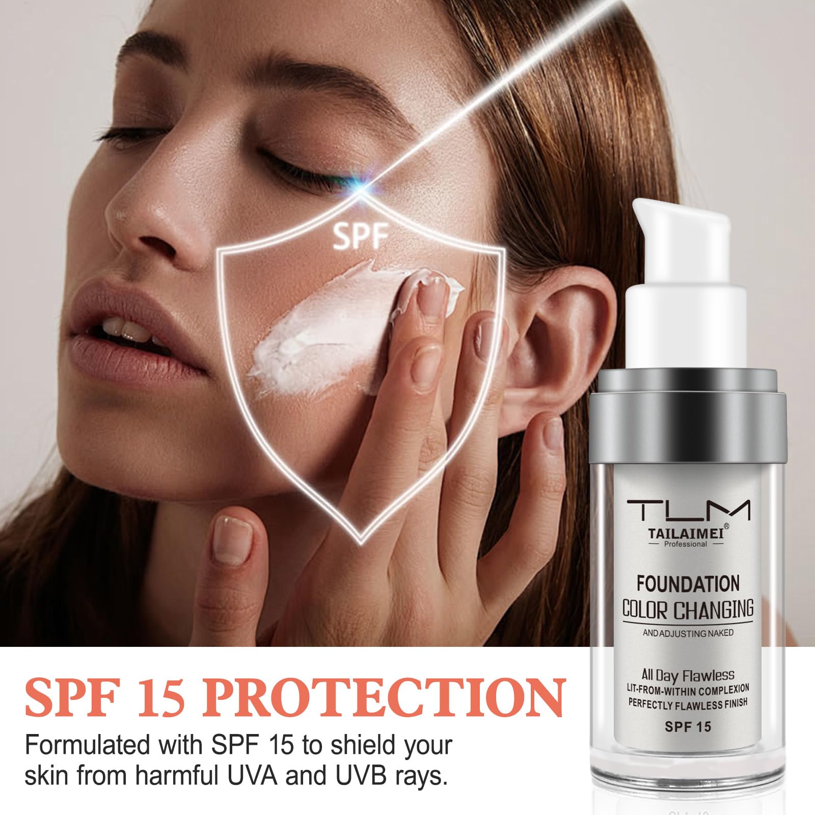 Find Back hydrating serum foundation application highlights a hydrating base for comfortable wear.