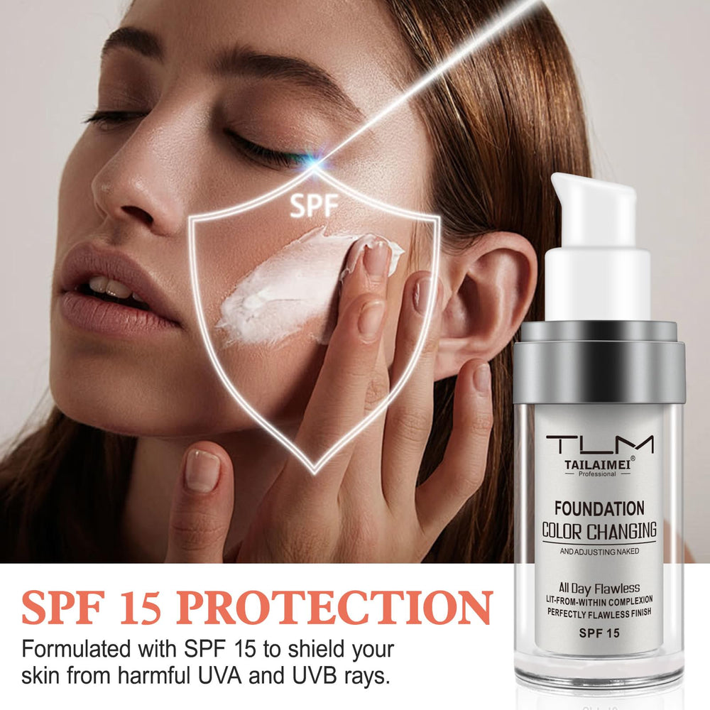 Find Back hydrating serum foundation application highlights a hydrating base for comfortable wear.