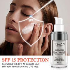 Find Back hydrating serum foundation application highlights a hydrating base for comfortable wear.