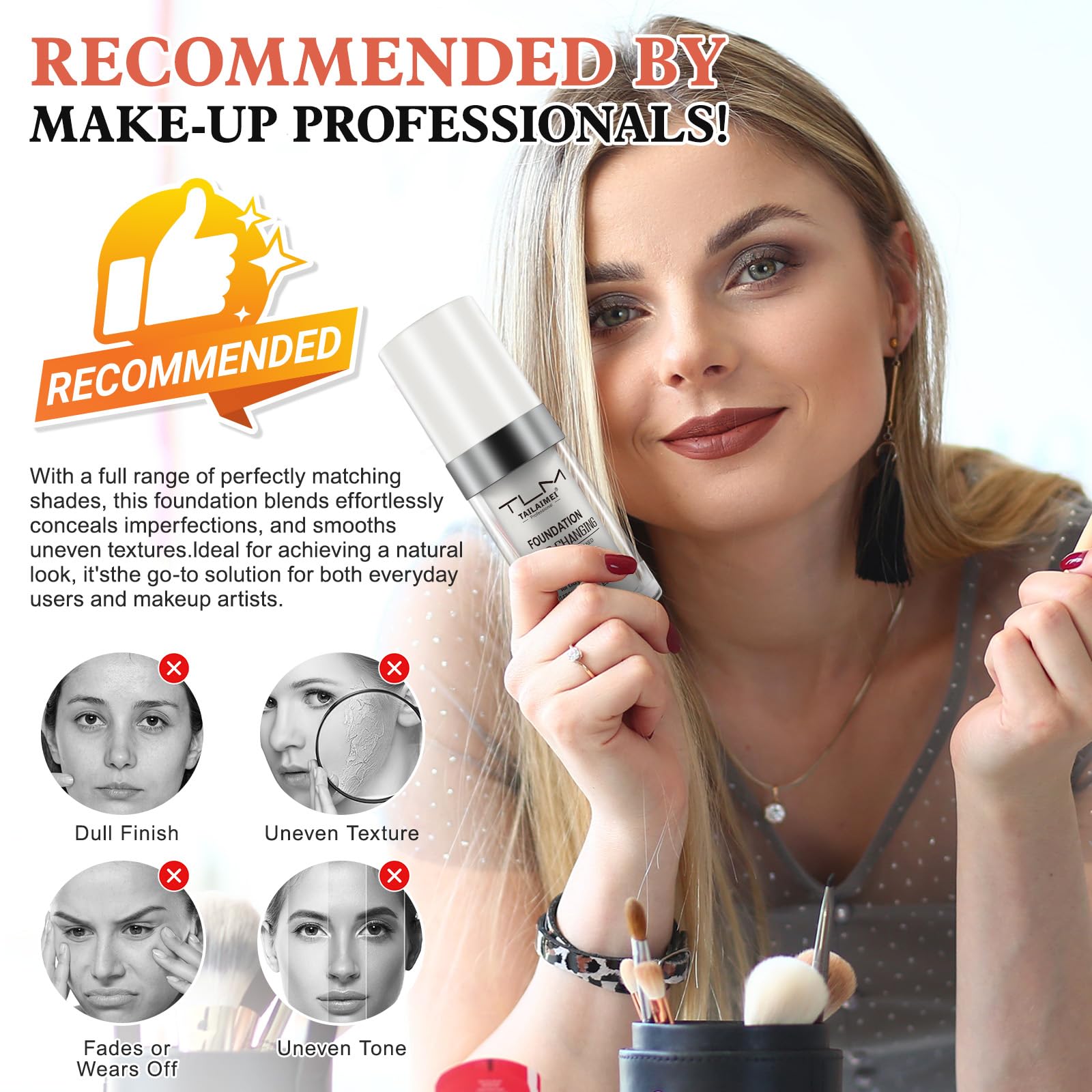 Find Back SPF 15 badge emphasizing daytime protection while applying makeup.