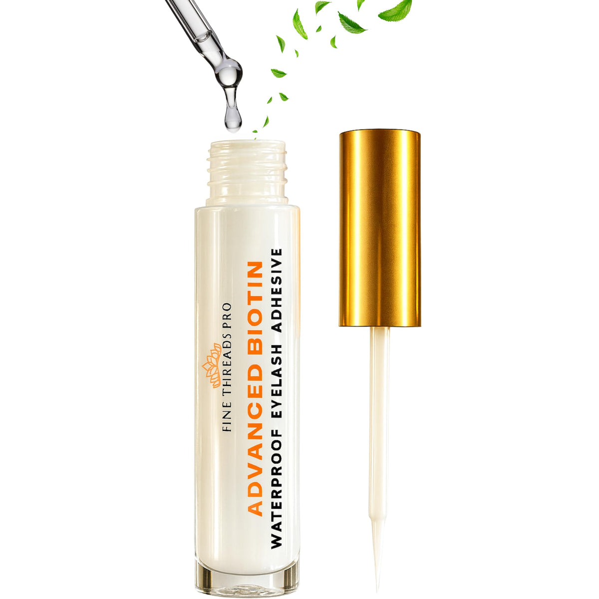 Fine Threads Pro eyelash glue bottle with brush enables precise, secure lash adhesion.