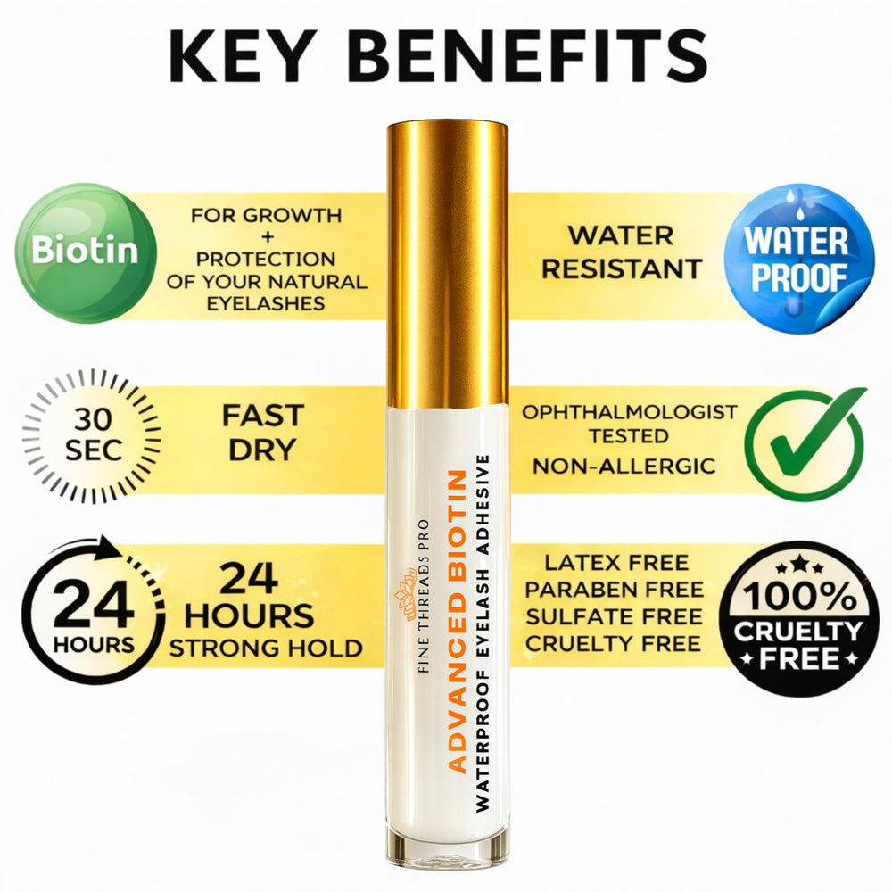 Fine Threads Pro clear-drying glue creates an invisible seal for natural-looking lashes.