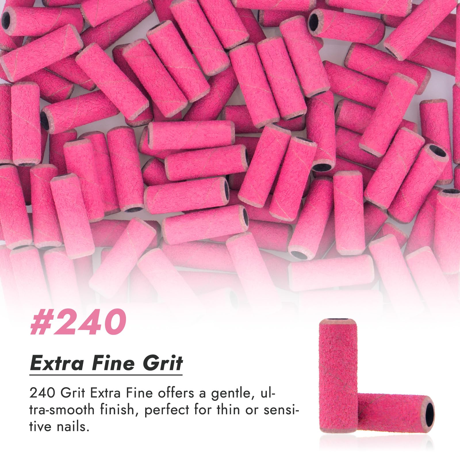 Finea 240-grit rose-red sanding band for gentle polishing on delicate nails.