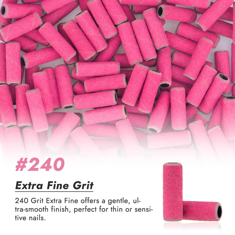 Finea 240-grit rose-red sanding band for gentle polishing on delicate nails.